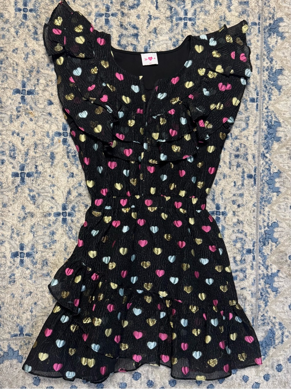 Buddy Love Black Ruffled Mini Dress with Pink, Blue & Gold Hearts